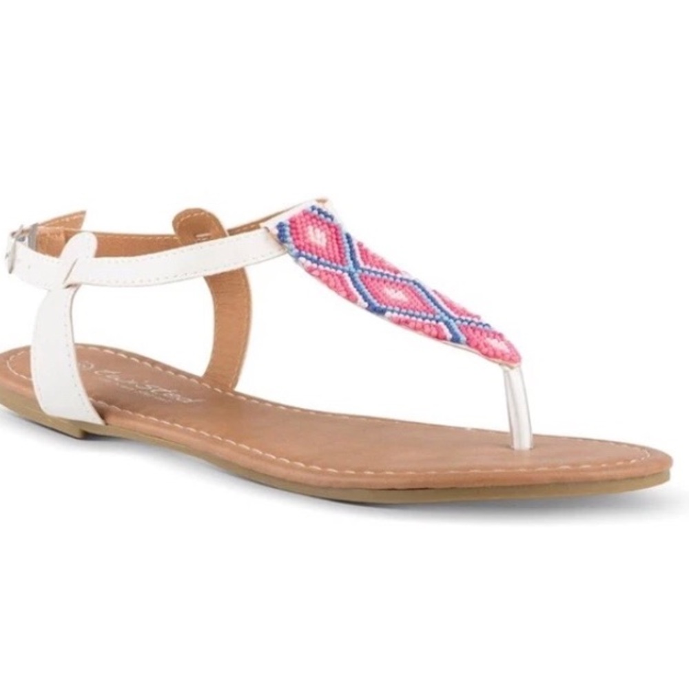 Twisted Women's Faux White Leather Pink Beaded Aztec T-Strap Sandals Sz 9 NEW